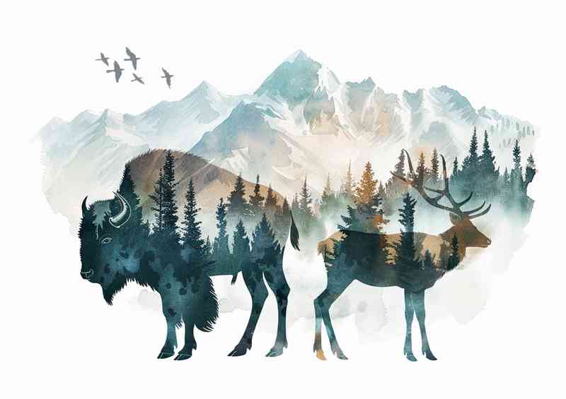 Buffalo and stag on the mountains | Metal Poster