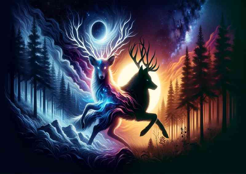 Celestial Deer and a shadow wolf their forms interwoven | Metal Poster