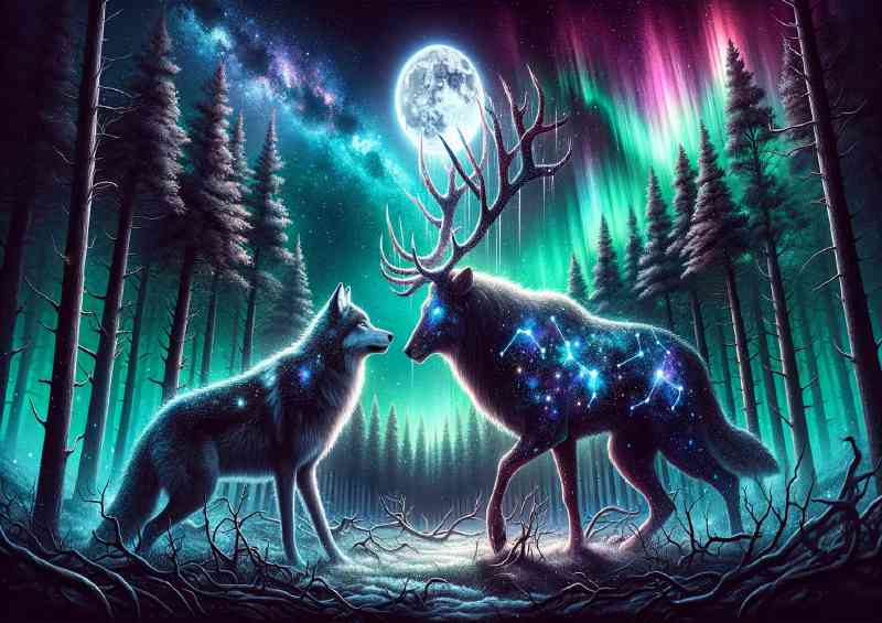 Celestial showdown a starry Wolf and a moonlit Stag | Canvas