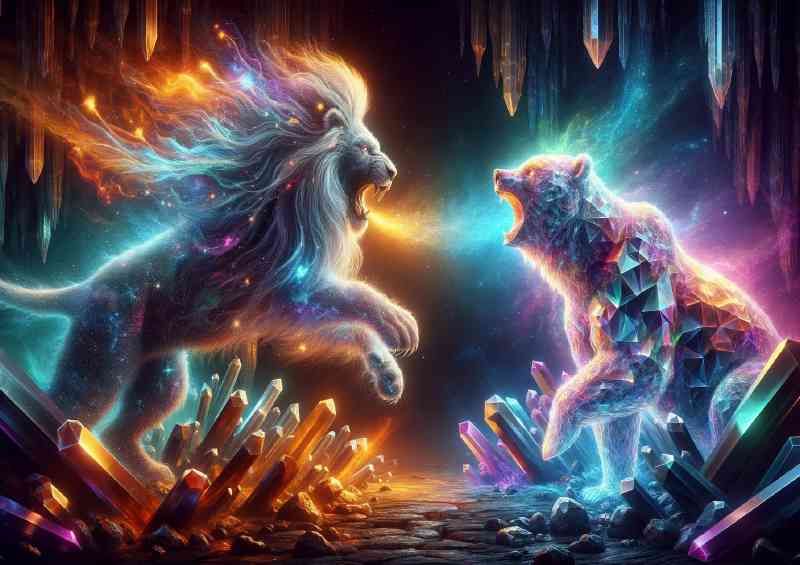 Clash between a spectral Lion with a mane of stars and a crystal Bear | Metal Poster