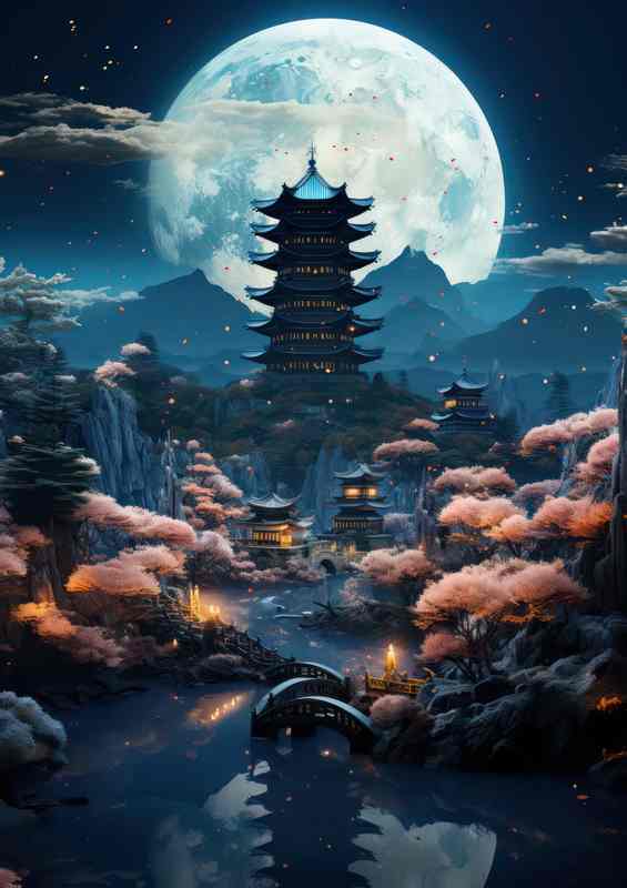 Yujihime Full Moon Tower | Canvas Bridge & Cherry Trees
