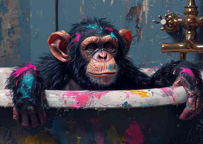 Colorful paint splattered monkey is sitting in the bath | Poster
