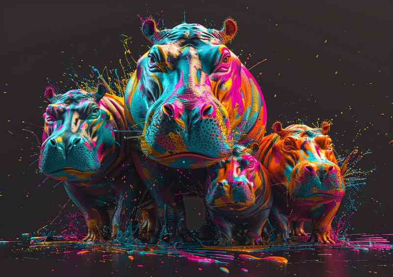 Colorful splash art of a hippo family | Poster