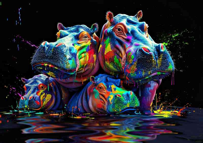 Colorful splash hippo family In water | Poster
