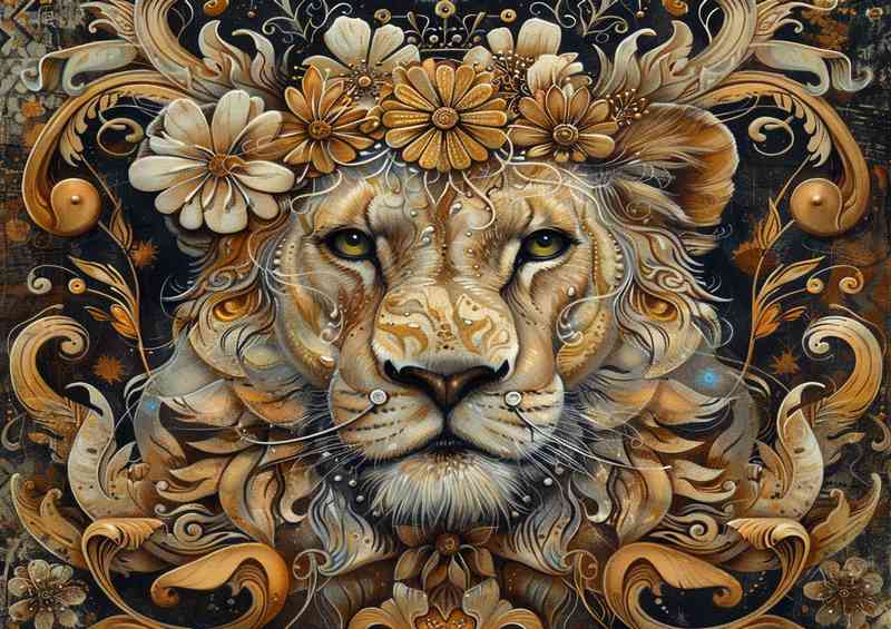 Details of a Lion with a flowery crown | Di-Bond