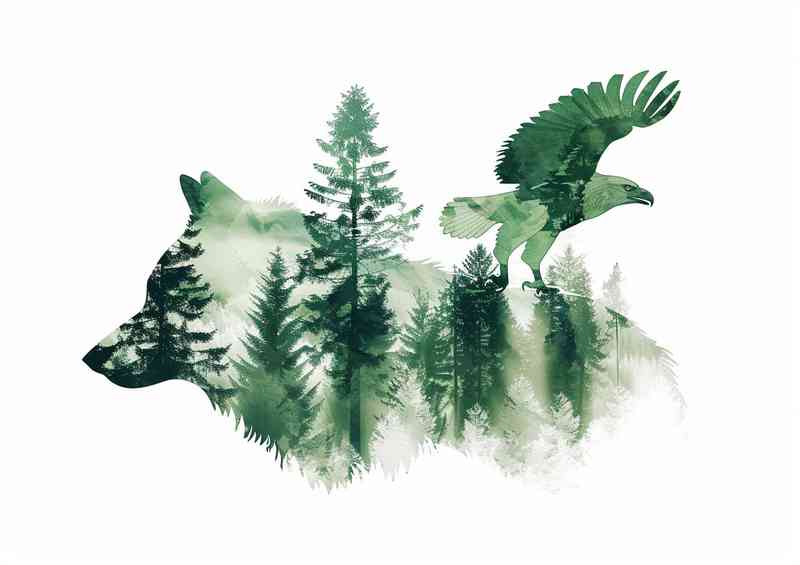 Double exposure of a Wold and Eagle | Metal Poster