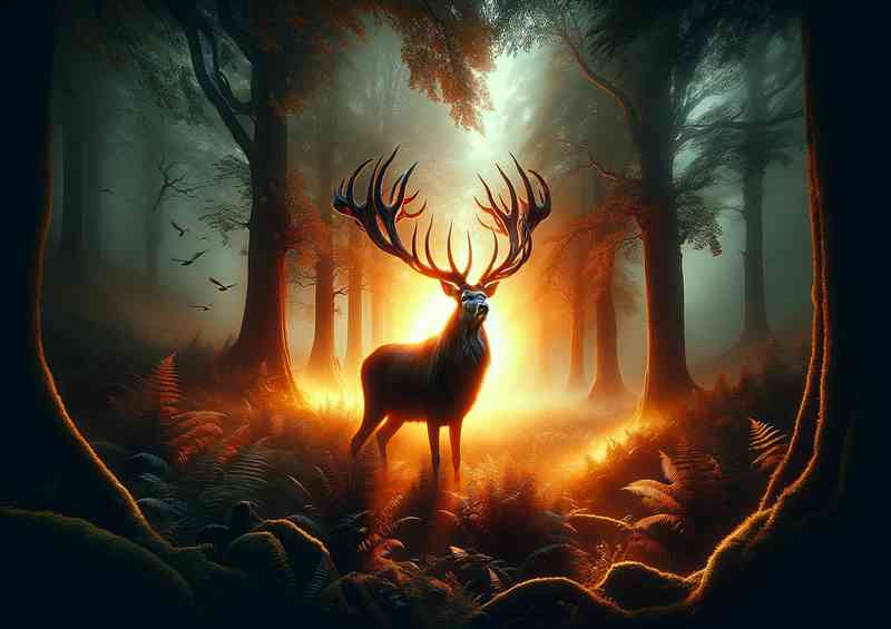 Elegant Stag its antlers glowing like forged steel in a forge | Metal Poster