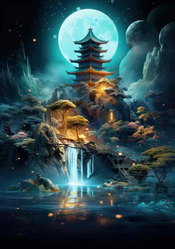 Yujihime full moon tower with waterfall cascading | Metal Poster