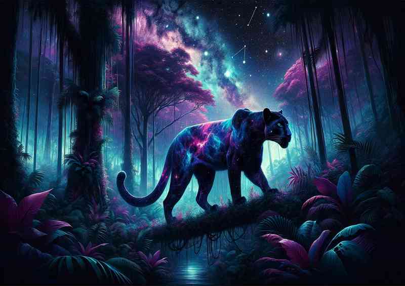 Enigmatic Panther its coat a living canvas of vibrant cosmic purples and blues | Di-Bond