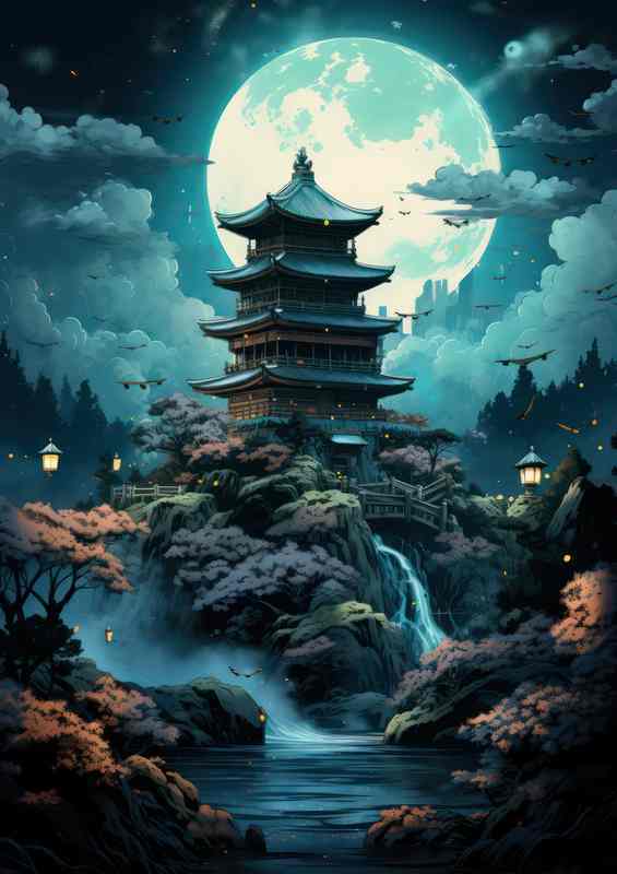 Yujihime Full Moon Tower+Waterfall & Blue Lake Canvas