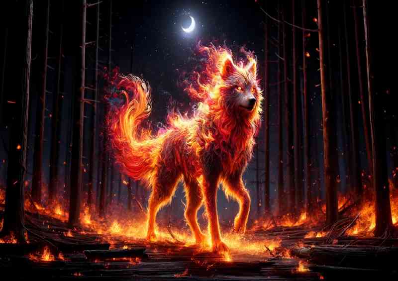 Fire elemental Wolf its fur blazing with vibrant flames | Metal Poster