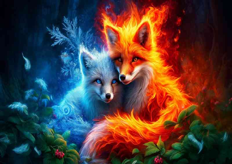 Foxes one ablaze with fiery colors and the other cloaked in icy blues | Poster