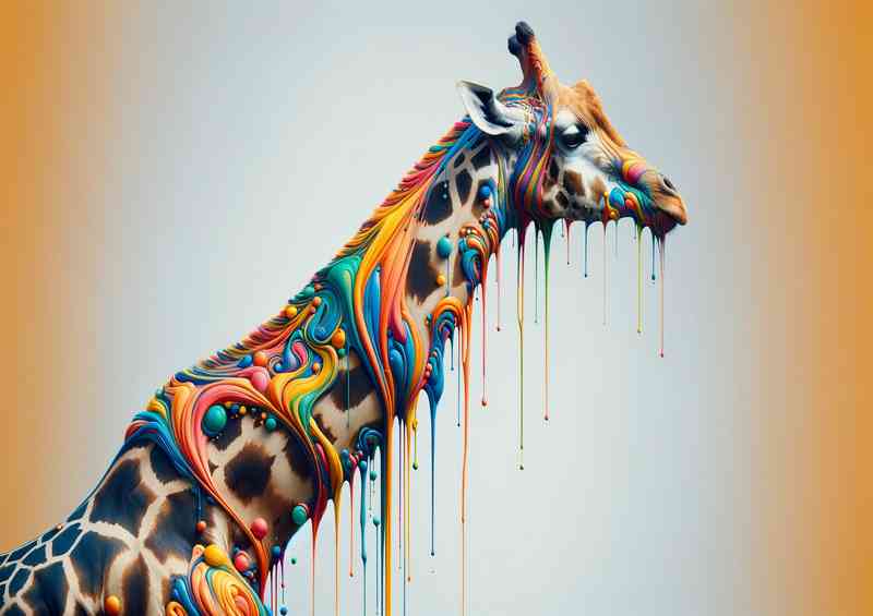 Giraffe with colorful dripping patterns along its long neck | Di-Bond