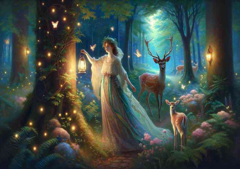 Girl in a flowing dress holding a lantern with deers in woodland | Di-Bond