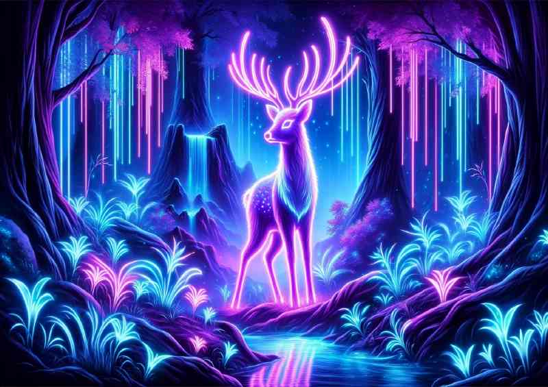 Glowing neon Deer its antlers radiating a soft purple light | Poster