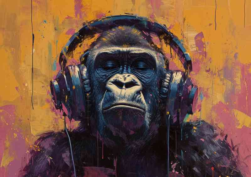 Gorrila with headphones on | Canvas