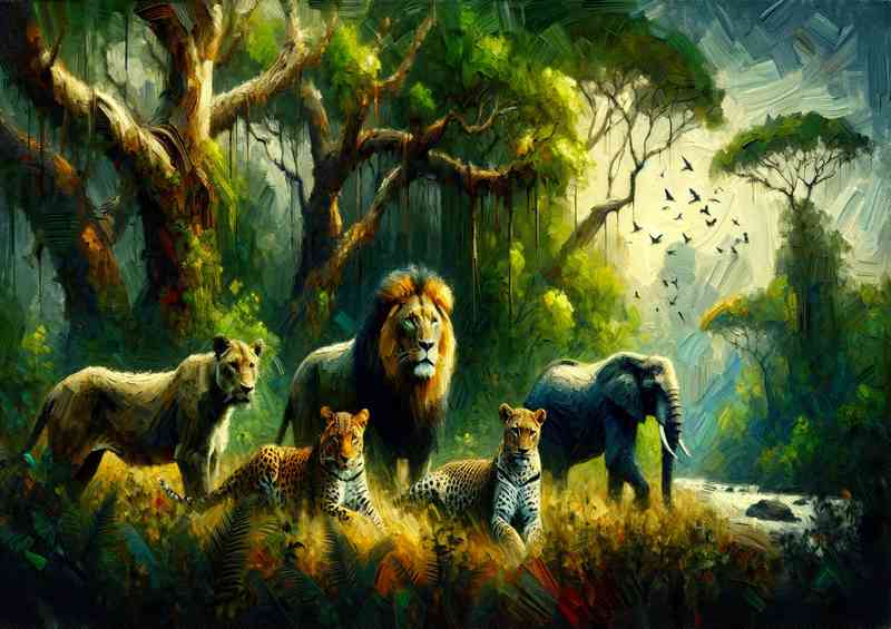 Group of wild animals in a lush forest setting | Canvas