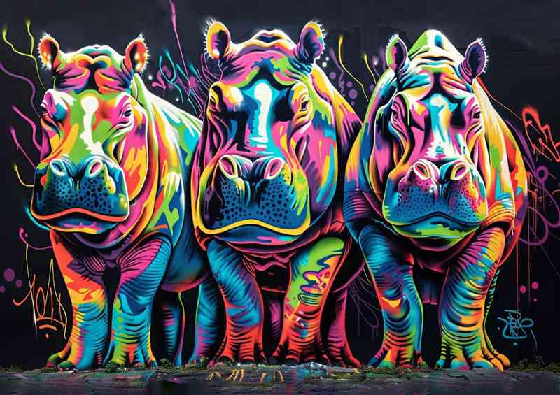 Hippopotamus family graffiti | Canvas