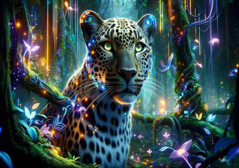 Leopard set in a vibrant futuristic jungle | Canvas