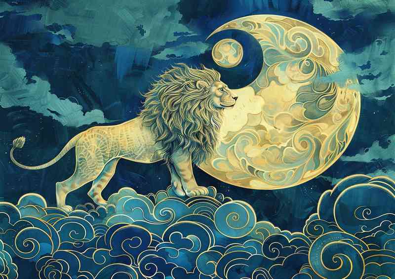 Lion Standing with swirls and moon | Metal Poster