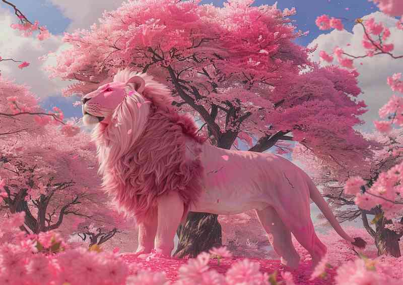 Lion Stood tall under the pink cherry trees | Di-Bond