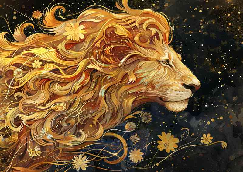 Lion head with a curly main at night | Metal Poster