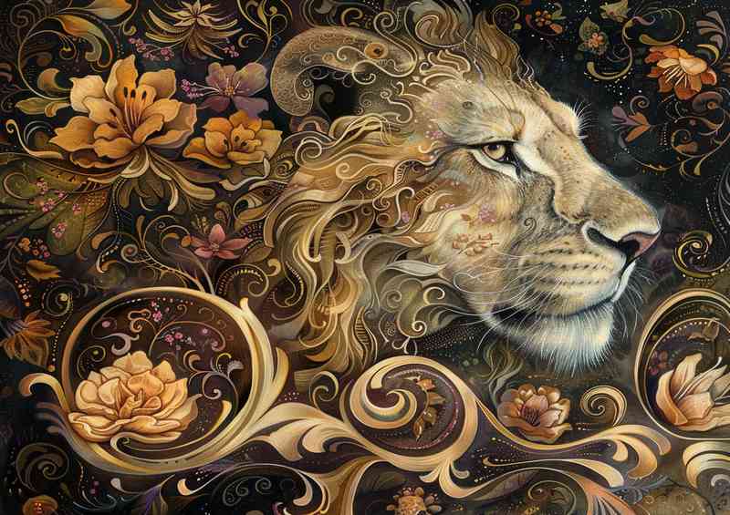 Lion with a floral background | Di-Bond