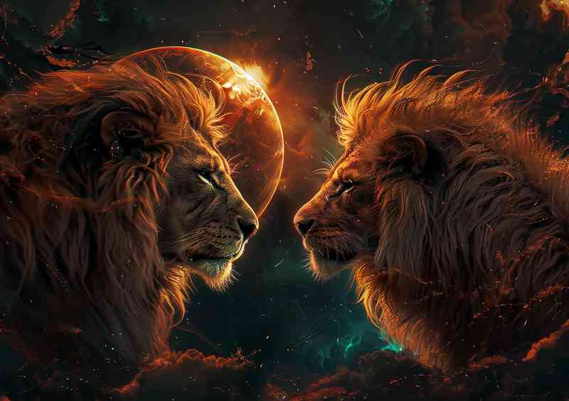 Lions and a sun in the style of fantasy worlds | Metal Poster
