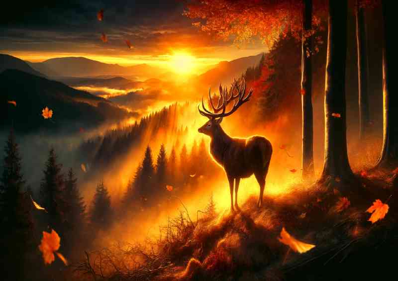 Majestic stag its antlers aglow with golden light standing at the edge | Poster