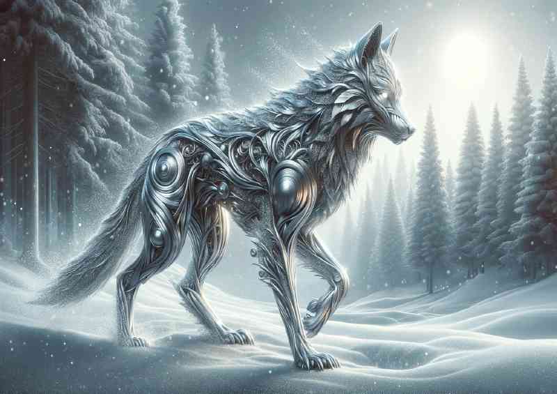 Metallic Wolf its body intricately silver and graphite textures | Di-Bond