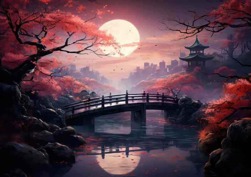 Ephemeral Blooms Over Eternal Waters Japanses inspired bridge | Canvas