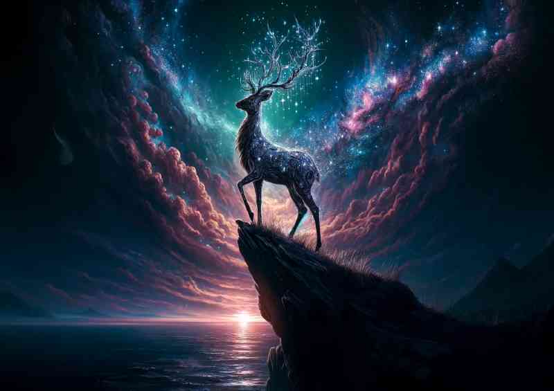 Mystical Deer its antlers a cascade of falling stars and cosmic dust | Poster