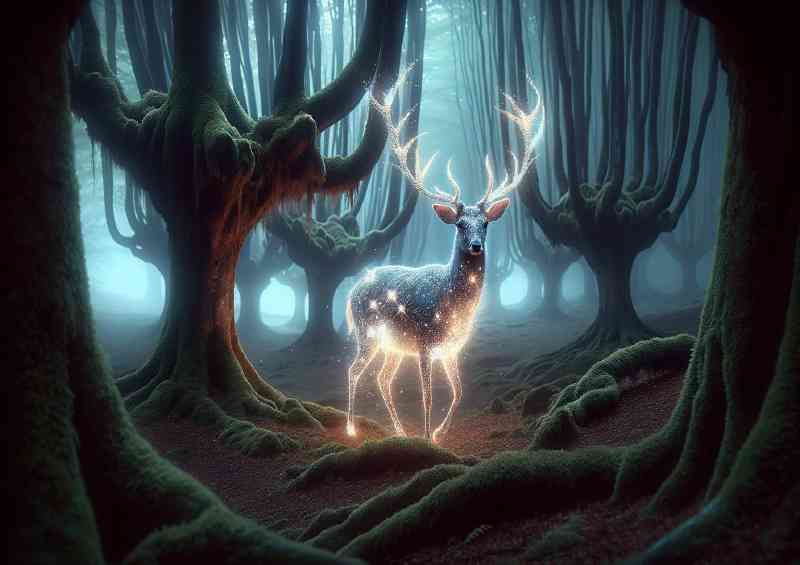 Mystical Deer with glowing antlers standing in a misty woodland | Canvas