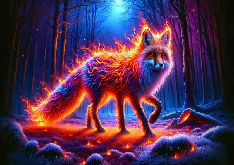 Mystical Fox its fur a cascade of vibrant flames and embers | Metal Poster