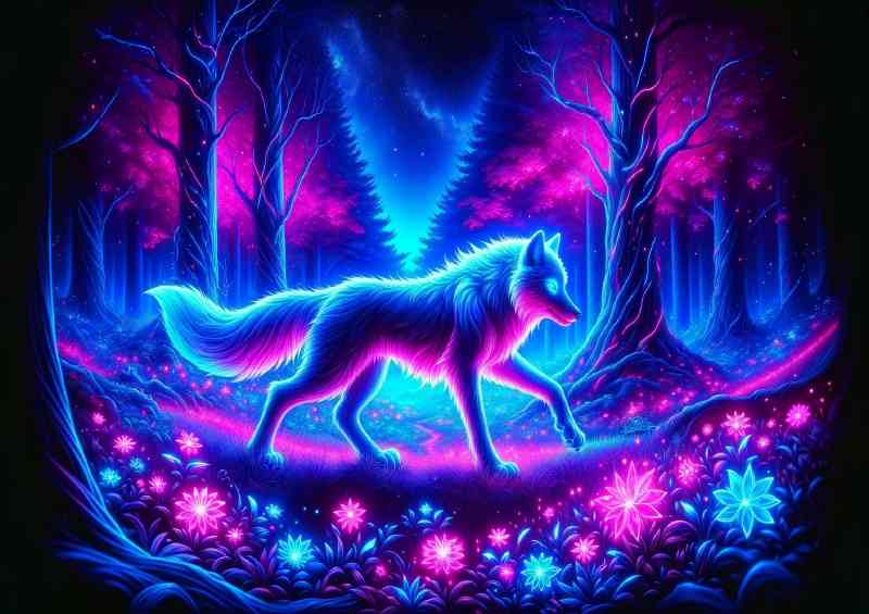 Mystical neon wolf its fur outlined in glowing blue | Di-Bond