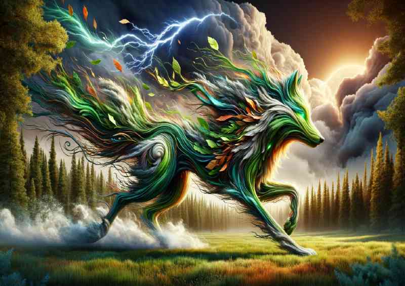 Mythical Wolf made of swirling wind and leaves racing across a forest | Canvas