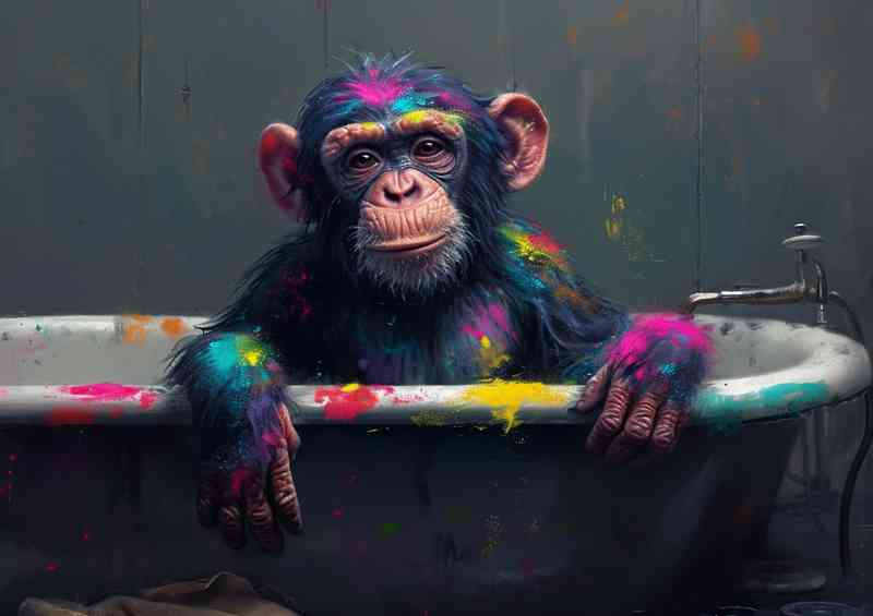 Paint splattered monkey is sitting in the bath | Canvas