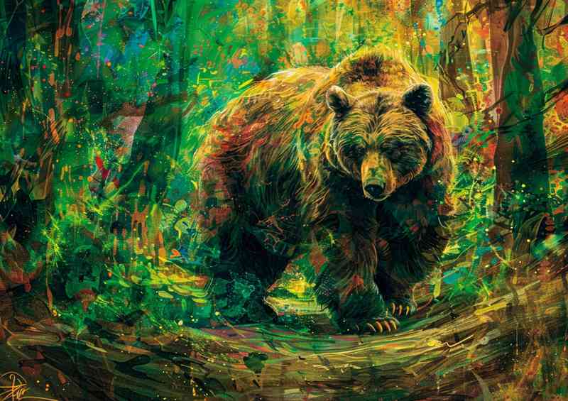 Painted style of a big bear on a forest | Canvas