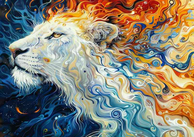 Painting style of a white lion with fire around | Metal Poster