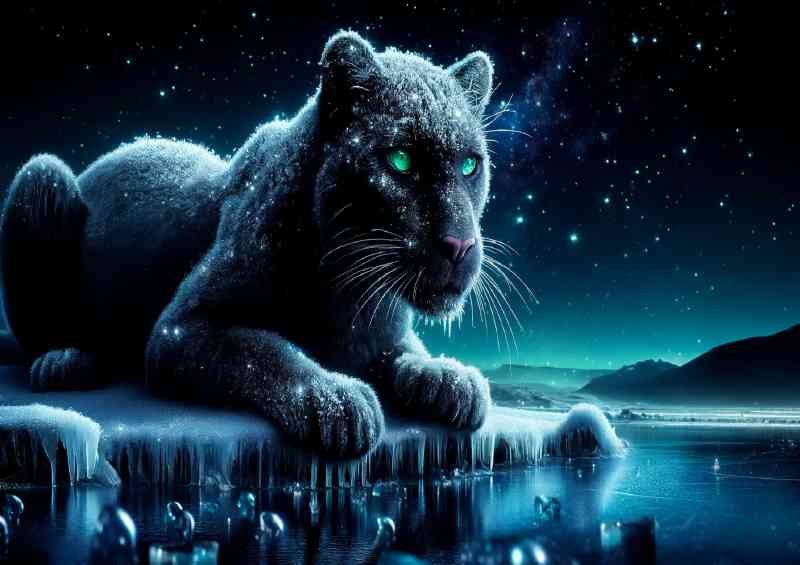 Panther sparkling frost crouched on a frozen waterfall | Di-Bond
