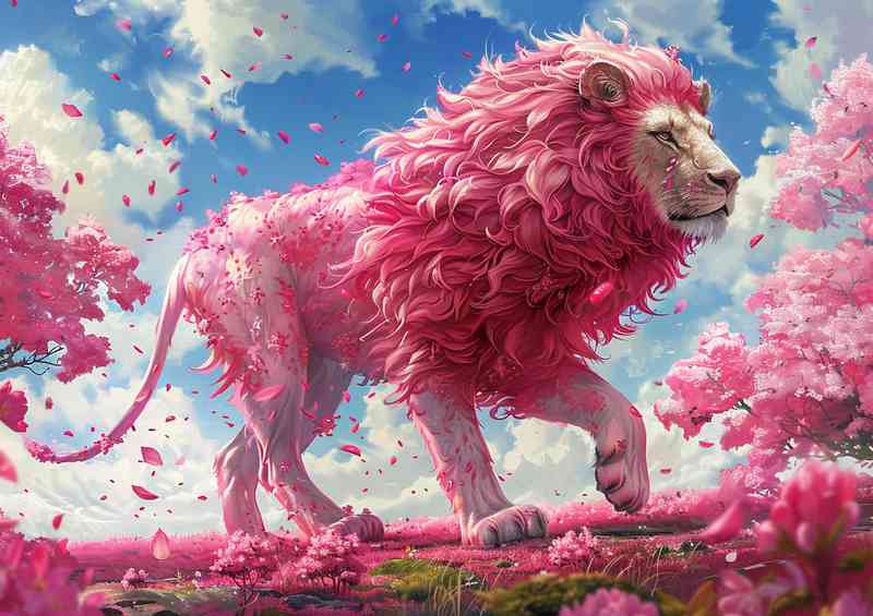 Pink blooming leaves and a Pink Lion walking | Canvas