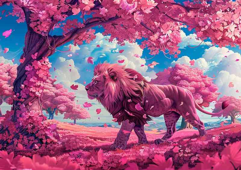 Pink blooming leaves from the trees and a Lion | Metal Poster