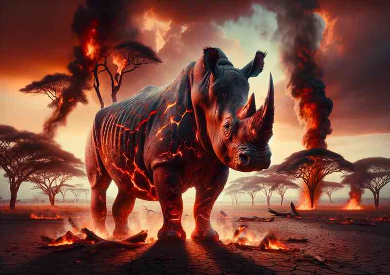 Powerful Rhinoceros its skin a tapestry of fiery lava cracks | Poster