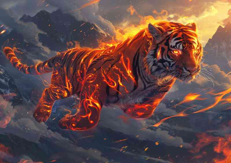 Red Tiger with orange and black flames intricate | Metal Poster