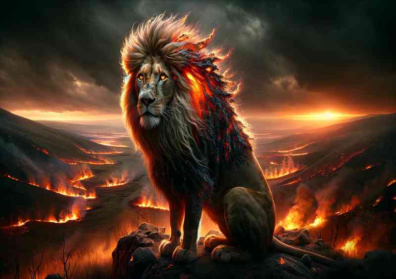 Regal Lion its mane a cascade of glowing embers | Poster
