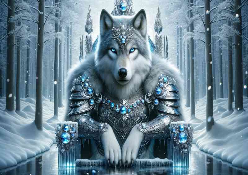 Regal Wolf adorned with silver armor seated on a crystal throne | Metal Poster