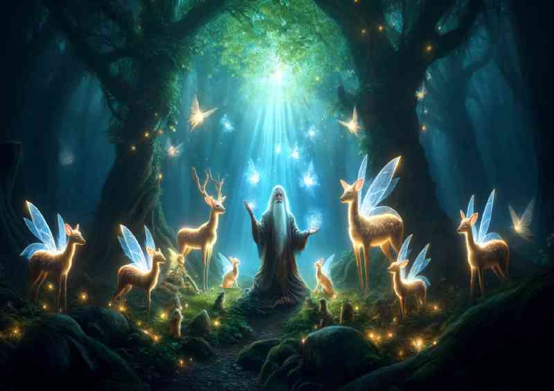 Sage surrounded by magical creatures in an enchanted forest | Di-Bond