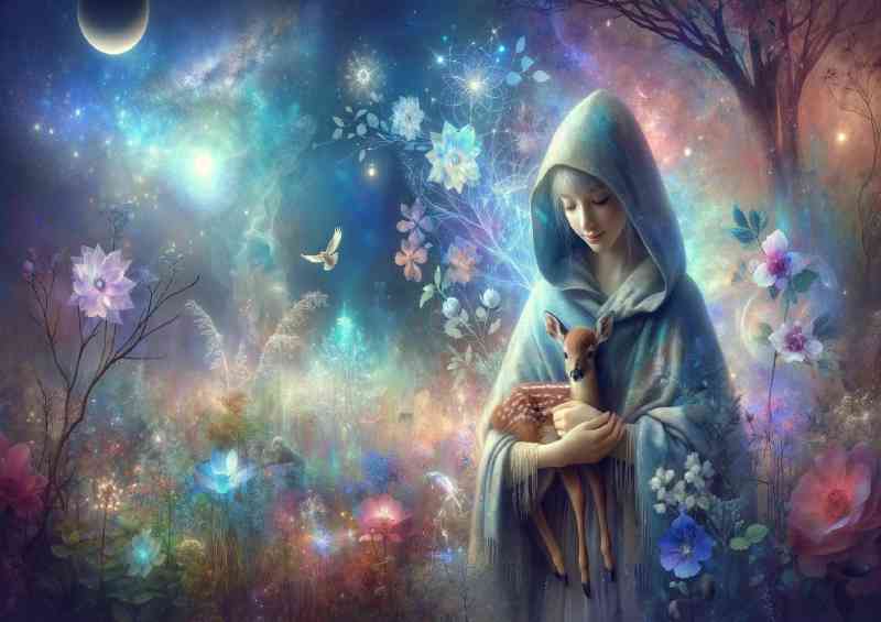 Serene girl with a gentle smile holding a small fawn | Poster