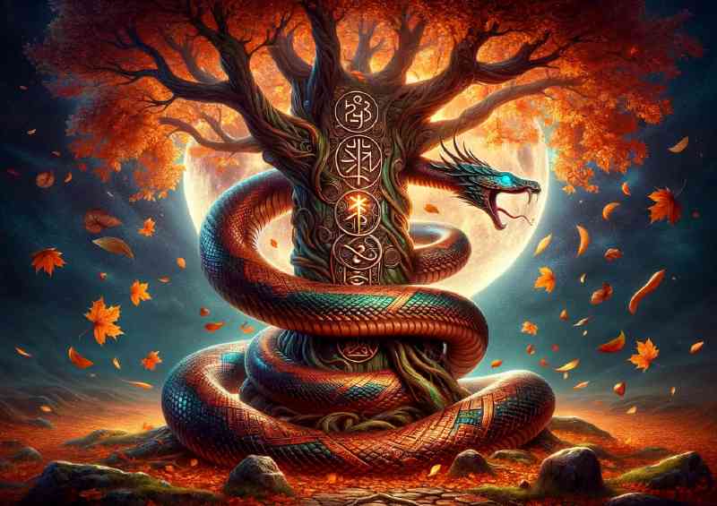 Serpent coiled around an ancient rune inscribed tree | Metal Poster