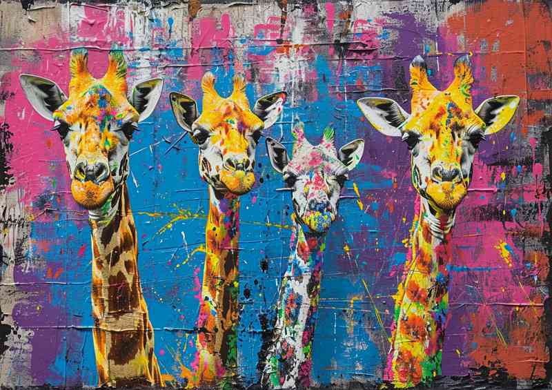 Set of giraffes painted street art | Metal Poster